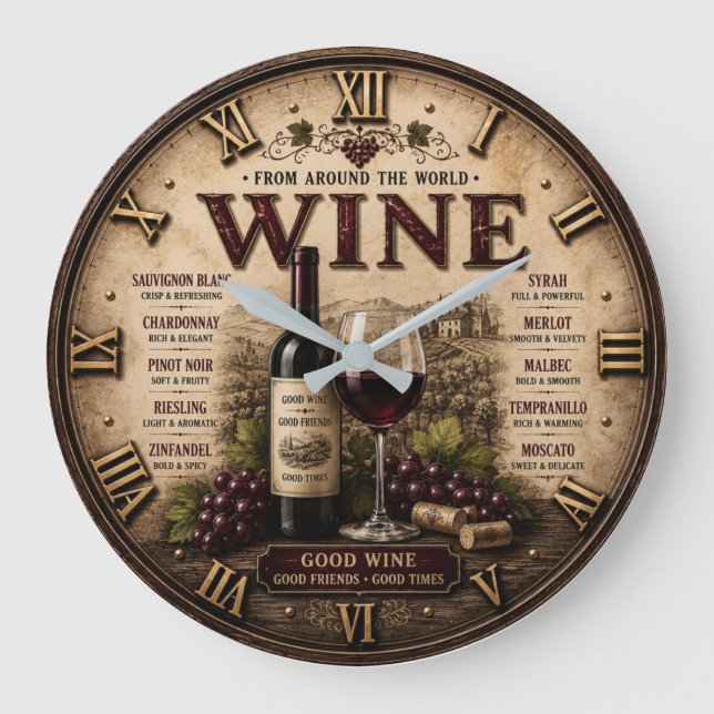 Wine Around the World Rustic Vineyard Große Wanduhr (Vorderseite)