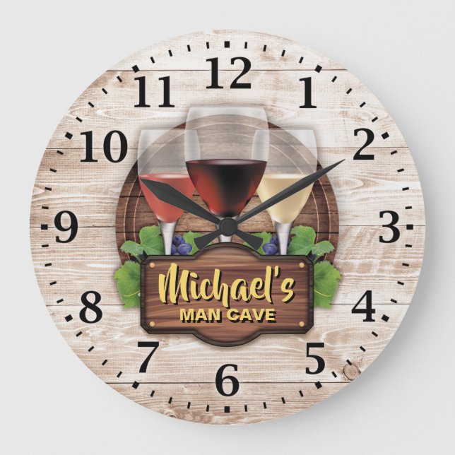 Wine Bar Man Cave Personalizable Wall Clock Große Wanduhr (Vorderseite)