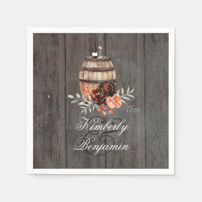 Wine Barrel Rustic Floral Wood Wedding Serviette (Vorderseite)
