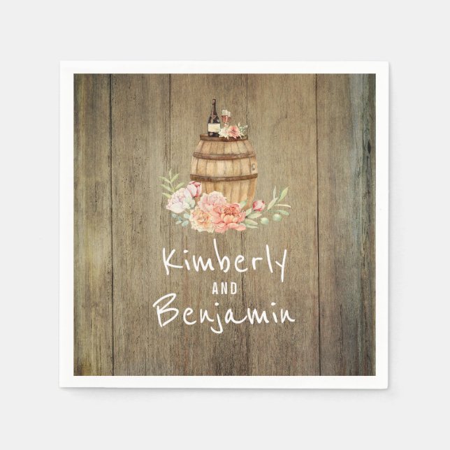 Wine Barrel Rustic Floral Wood Wedding Serviette (Vorderseite)