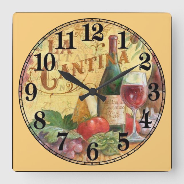 Wine Bottle and Wine Glass Quadratische Wanduhr (Vorderseite)
