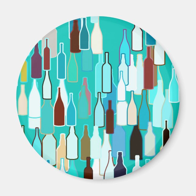 Wine bottles, multi colors, turquoise background magnet (Vorne)