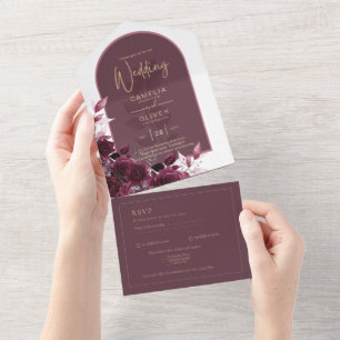 Wine Burgundy Rose Gold Text Wedding All In One Einladung