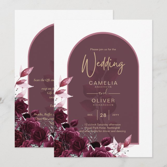 Wine Burgundy Rose Gold Text Wedding Einladung (Vorne/Hinten)