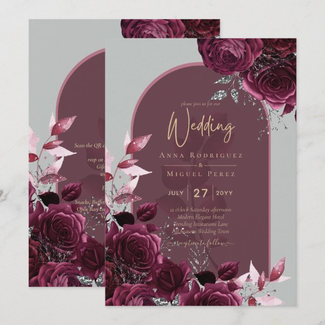 Wine Burgundy Rose Gold Text Wedding Einladung (Vorne/Hinten)