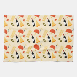 Wine cheese pasta and olives on a beige background geschirrtuch