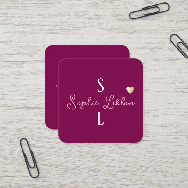 Wine Color Girly Calligraphy Romantic Monogram Quadratische Visitenkarte (Vorderseite/Rückseite Beispiel)