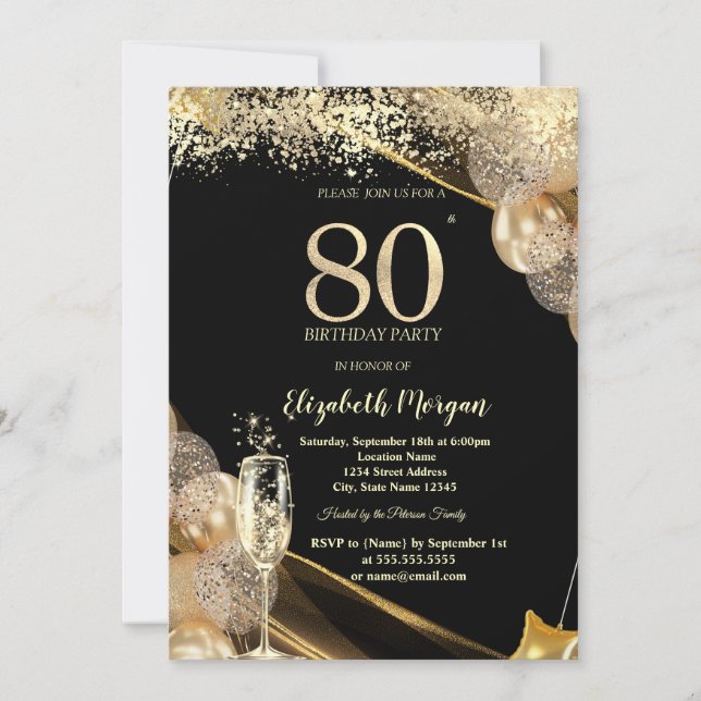 Wine Glass Gold Confetti Balloons 80th Birthday Einladung (Vorderseite)