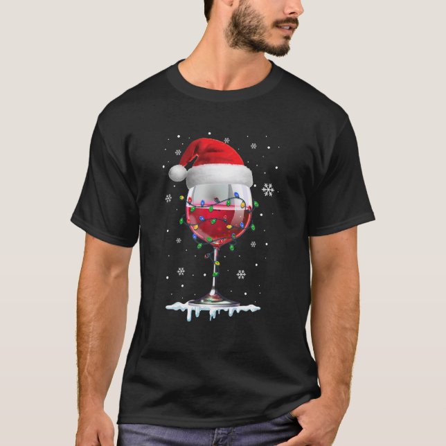 Wine Glass Weihnachtsmannmütze Weihnachten Lichter T-Shirt (Vorderseite)