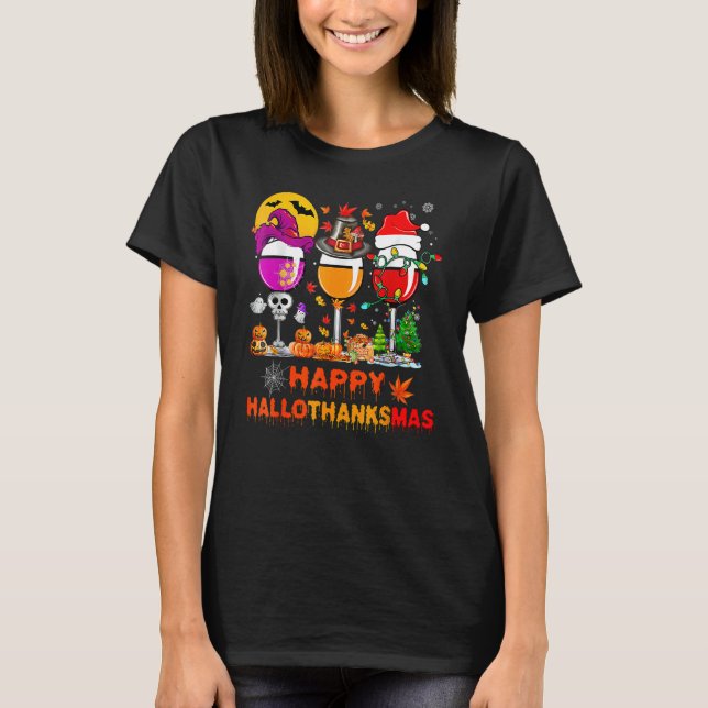 Wine Glasses Witch Santa Hat Pumpkin Happy Halloth T-Shirt (Vorderseite)
