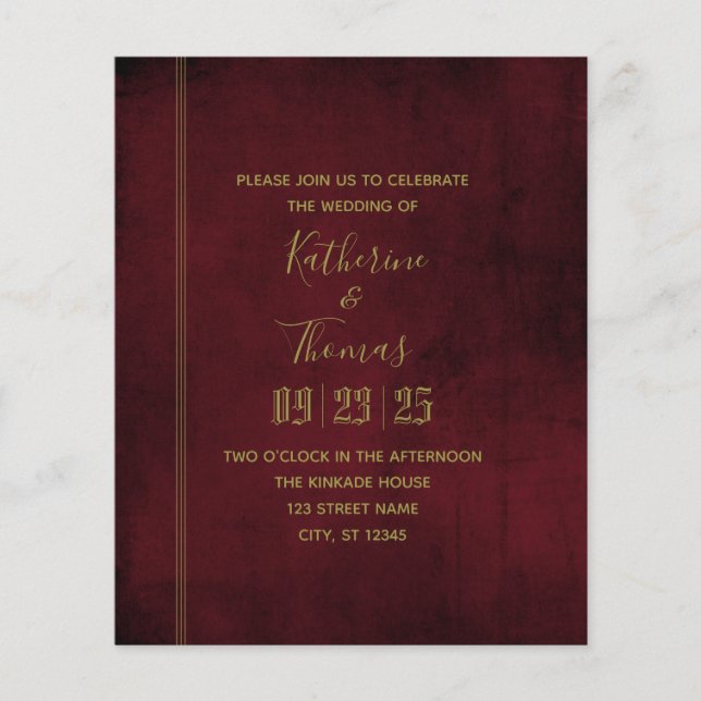 Wine & Gold Regal Wedding Einladung Budget Flyer (Vorne)