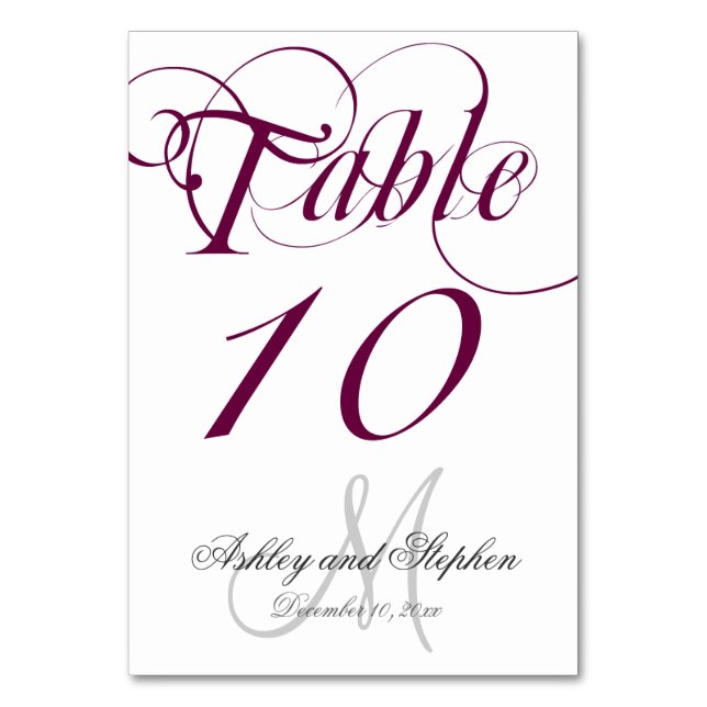 Wine Gray Monogram Wedding Tischnummer Card (Vorderseite)