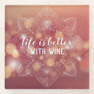 Wine Lover Pink Bokeh Mandala Kunst, Dichtung und Glasuntersetzer
