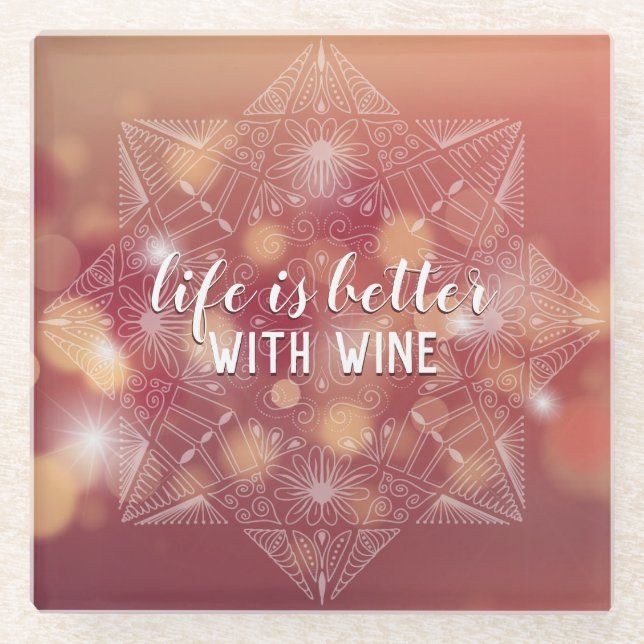Wine Lover Pink Bokeh Mandala Kunst, Dichtung und  Glasuntersetzer (Vorderseite)