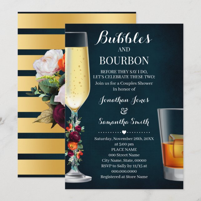 Wine Navy Bubbles & Bourbon Couples Dusche Hochzei Einladung (Vorne/Hinten)