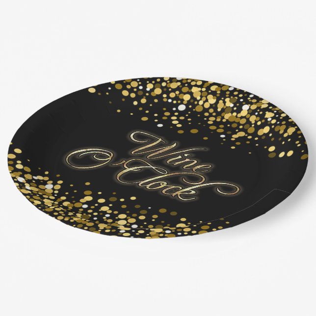 Wine O'Clock Gold Sparkle Pappteller (Schrägansicht)