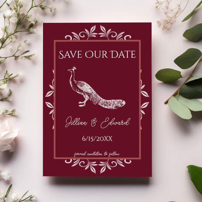 Wine Peacock Geblüht Ankündigung Datum freihalten (Wine Red Peacock Flourish Save the Date)