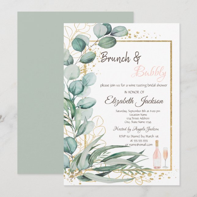 Wine Taste Eukalyptus Brunch & Bubbly Einladung (Vorne/Hinten)