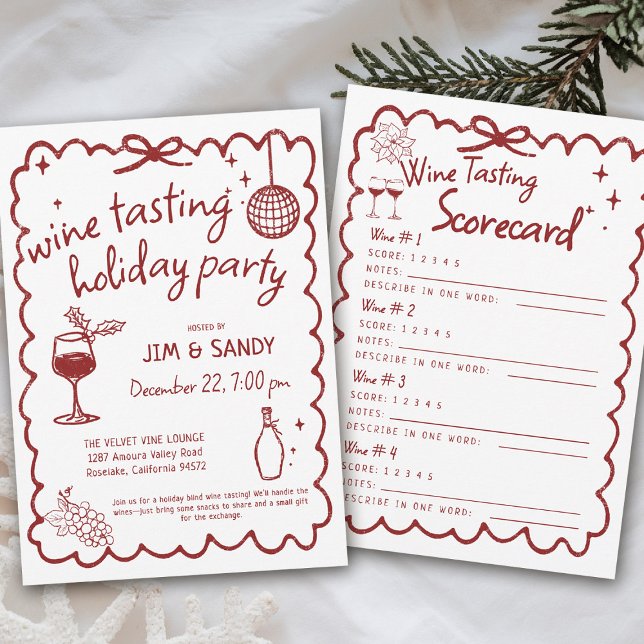 Wine Tasting Holiday Party Hand Drawn Whimsical Einladung (wine tasting holiday party drinks hand drawn winery game charcuterie friendsmas blind santa)