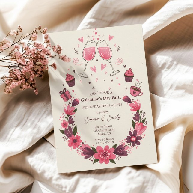 Wine Toast Floral Galentine's Invitation Einladung (Galentines Day Invitation)