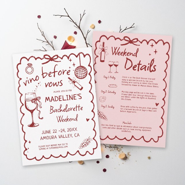 Winery Bachelorette Vino Before Vows Red Itinerary Einladung (winery bachelorette party invitation hand drawn calligraphy burgundy red pink vino before vows)