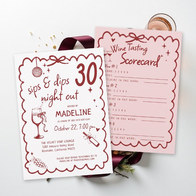 Winery Night Out Wine Tasting Chic 30th Birthday Einladung (winery birthday invitation wine tasting scorecard red burgundy pink napa sonoma country)