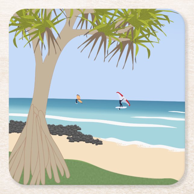 Wing Foil Surfers Pandanus Tree am Strand Rechteckiger Pappuntersetzer (Vorderseite)
