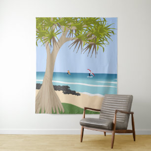 Wing Foil Surfers Pandanus Tree am Strand Wandteppich