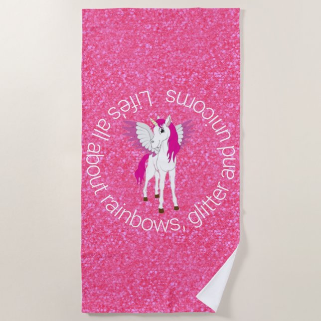 Wing Unicorn Party Glitzer Pink Strandtuch (Vorderseite)