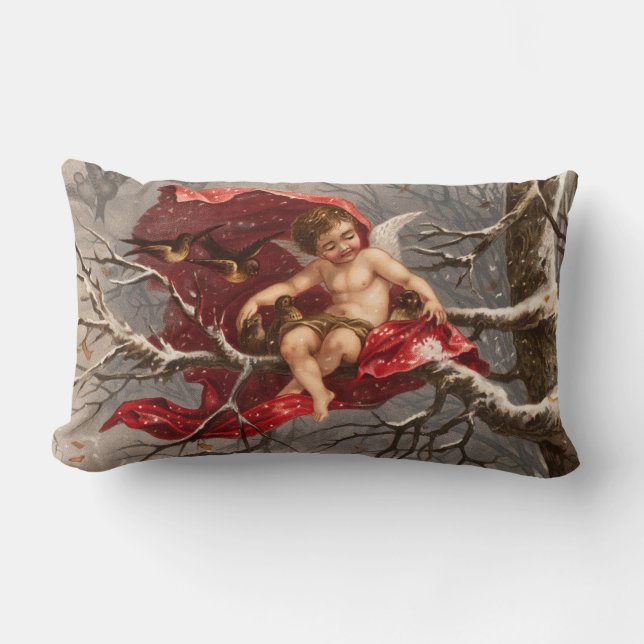 WINGED CHERUB AUF WINTERBAUM MIT BIRTEN Weihnachte Lendenkissen (Vorderseite)