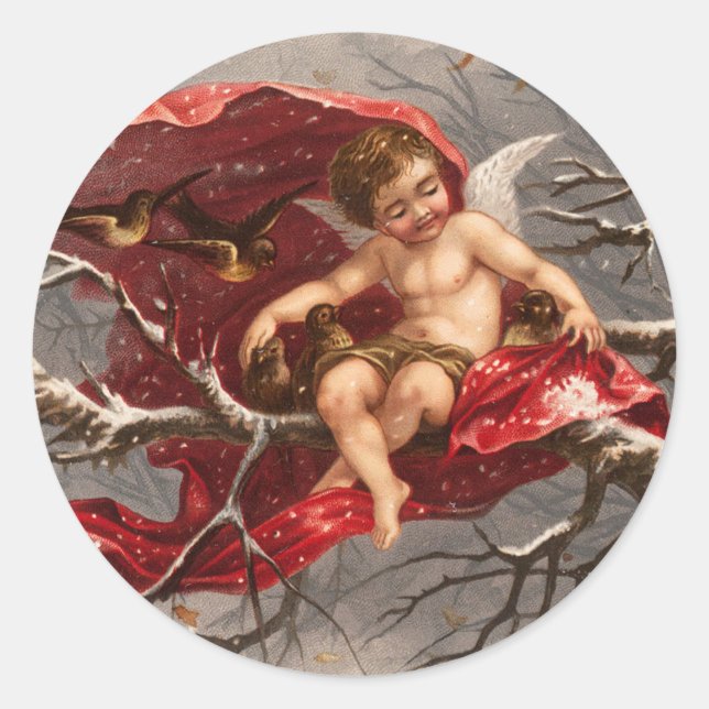 WINGED CHERUB AUF WINTERBAUM MIT BIRTEN Weihnachte Runder Aufkleber (Vorderseite)