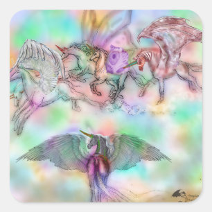 Winged Pferderegenbogen-Herde Einhorn-Pegasus Quadratischer Aufkleber