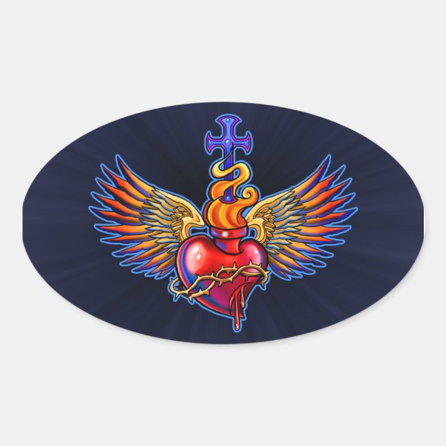 Winged Sacred Heart Design Ovaler Aufkleber (Vorderseite)