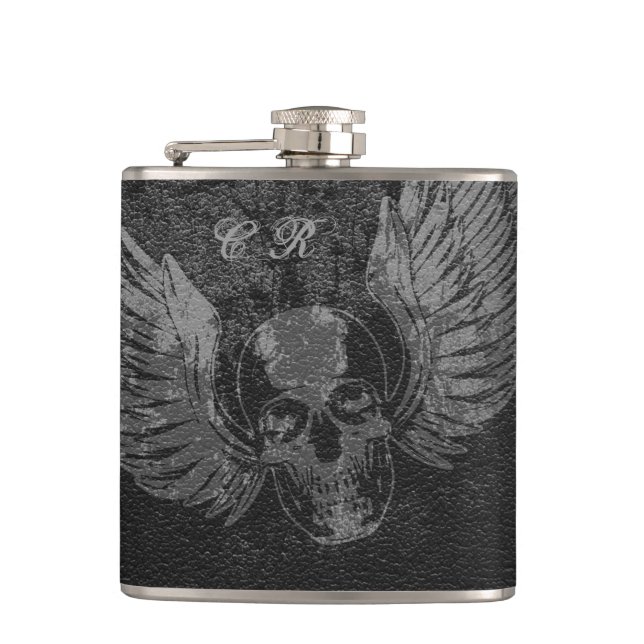 Winged Schädel-Vinyl wickelte Flasche, 6 Unze ein Flachmann (Vorderseite)