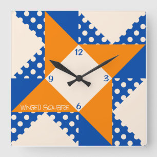 Winged Square- Blue & Orange Quadratische Wanduhr