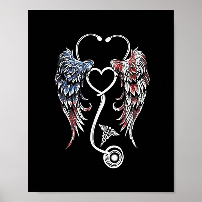 Wings Heart Nurse Stethoscope American Flag Poster (Vorne)