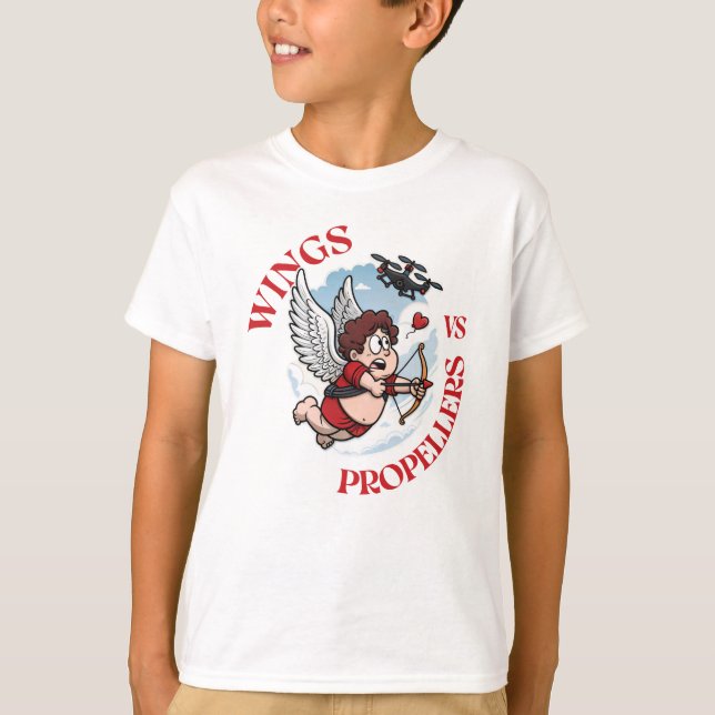 Wings vs Propellers, Cupidon vs Drone, Valentine’s T-Shirt (Vorderseite)