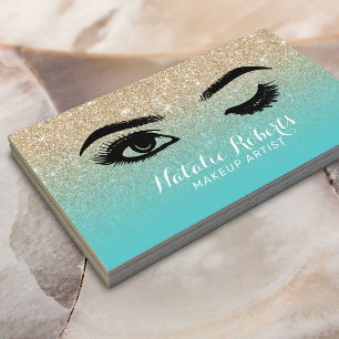 Wink Eye Lashes Eyelash Salon Aquamarinen und Gold Visitenkarte