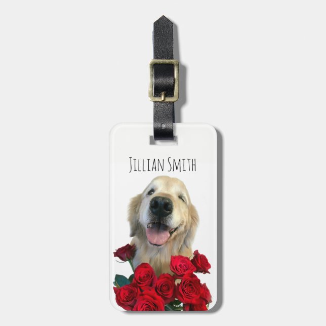 Winking Golden Retriever mit Personalisierten Rose Gepäckanhänger (Vorderseite vertikal)