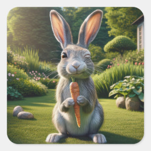 Winking Rabbit mit Karotte Quadratischer Aufkleber