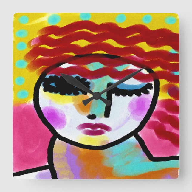 Winking Red Haired Woman Abstrakt Art Quadratische Wanduhr (Vorderseite)