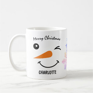 Winking Snowmans Gesicht, Schneeflocke, frohe Weih Kaffeetasse