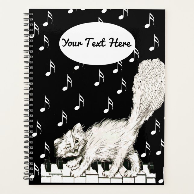 Winking White Cat Wandern auf Piano Keys Musiknote Planer (Vorderseite)