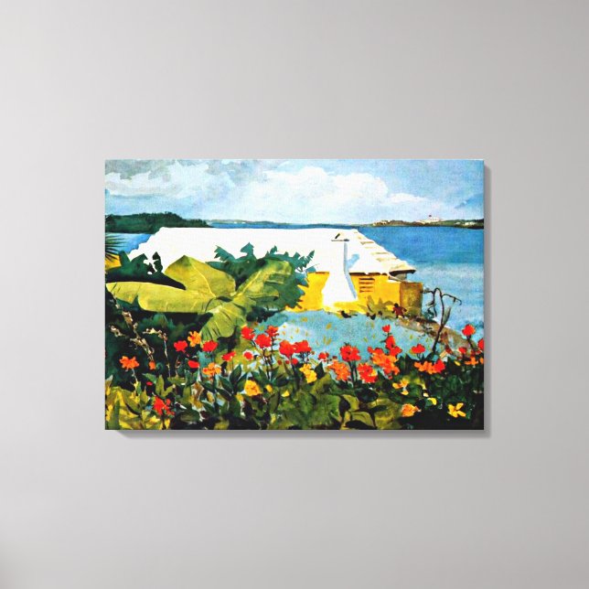 Winslow Homer Kunst: Blumengarten und Bungalow Leinwanddruck (Vorderseite)