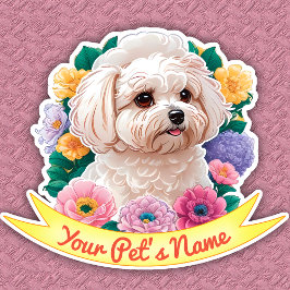 Winsome Bichon Frisé, gelb, rosa und lila Blume Aufkleber