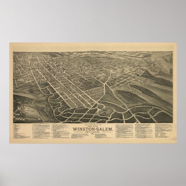 Winston-Salem N. Carolina Antique Panoramakarte Poster (Vorne)
