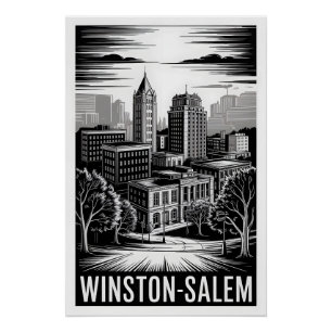 Winston-Salem NC Skyline Schwarz Weiß Holzschnitt Poster