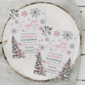 Winter 80 Geburtstag Einladung, rosa Winter Einladung