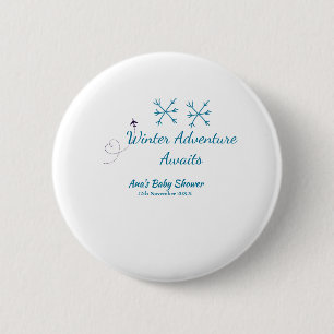 Winter-Abenteuer erwartet Babyparty blaue Schneefl Button