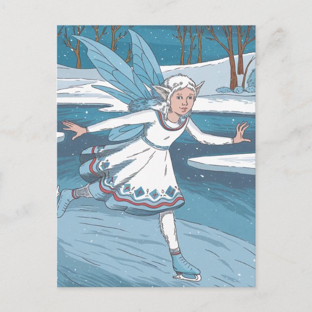 Winter Adorable Ice Skaten Fairy in Holz Postkarte (Vorderseite)